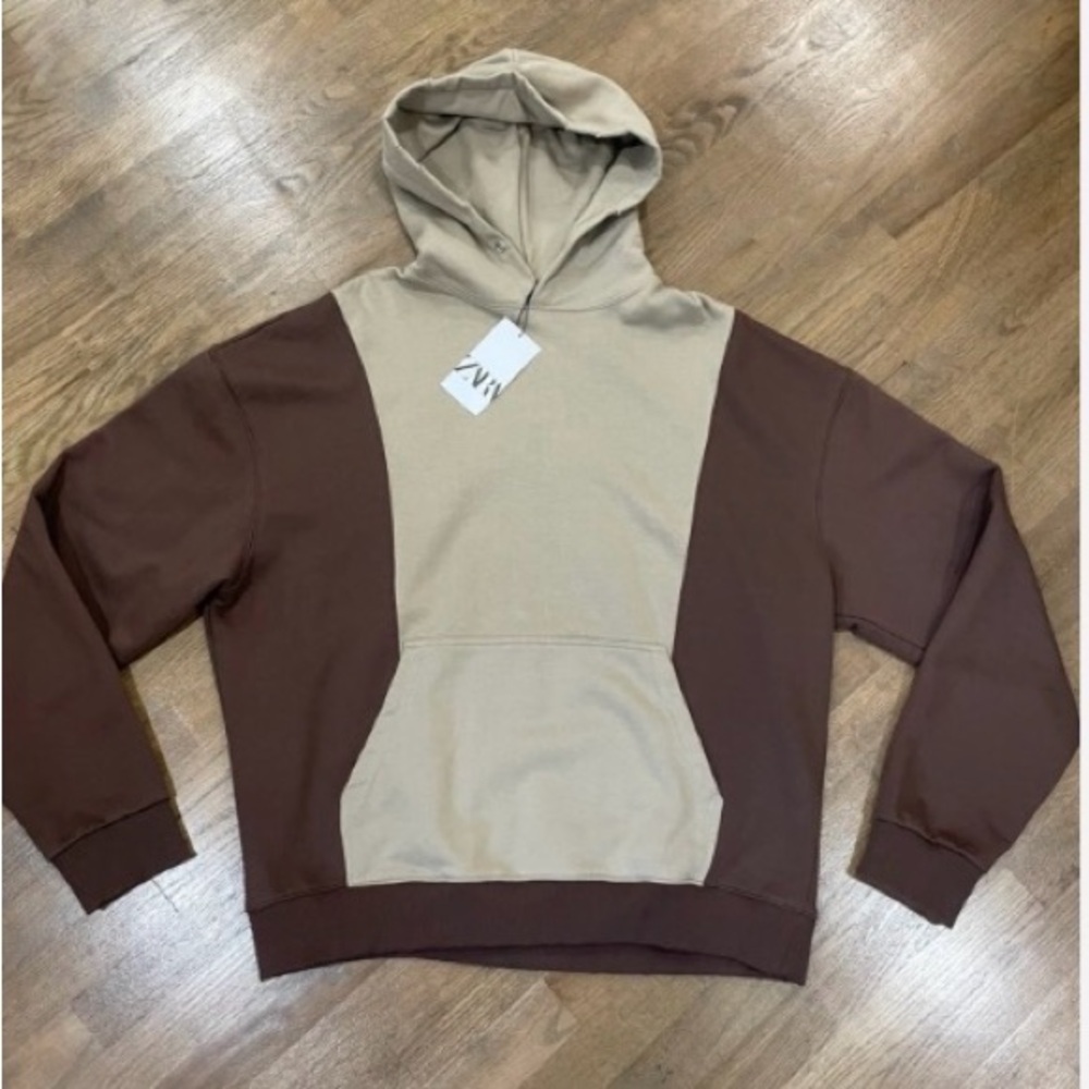 ZARA Heavyweight Hoodie Brown Taupe Color Block Hoodie Vintage Street Wear